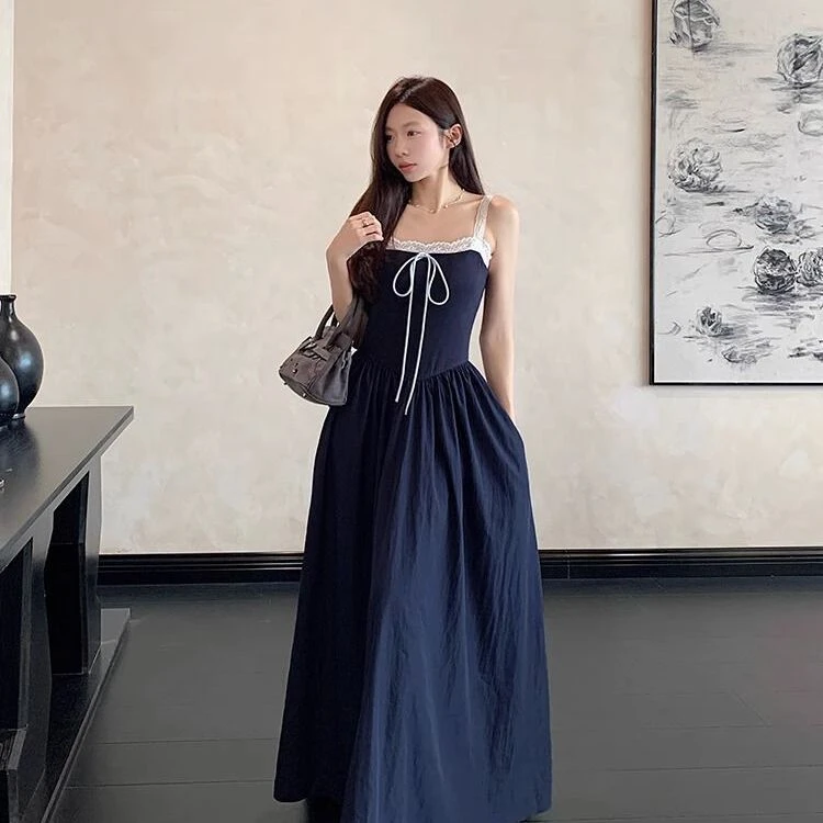法式蕾丝吊带连衣裙女夏季纯欲气质甜美收腰显瘦小个子a字中长裙