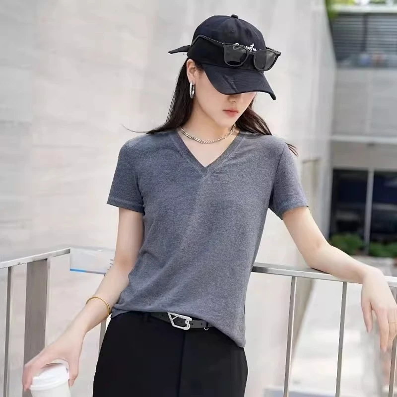 【专柜品质】新款夏季简约修身显瘦百搭纯色V领T恤女5301024