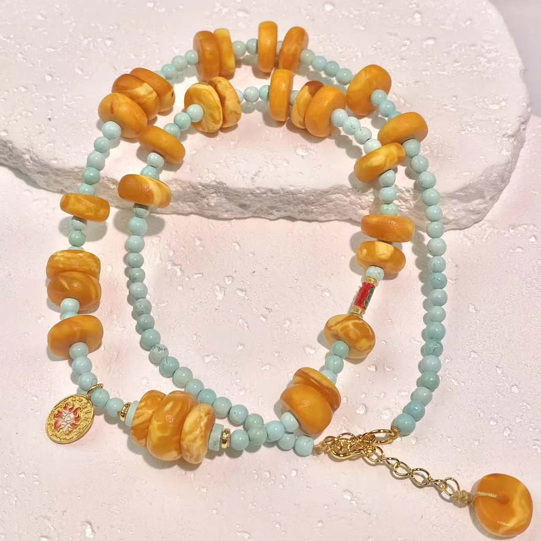 【亿轩珠宝】ZX117701石膏橘皮花蜡饼子绿松公主链4mm+