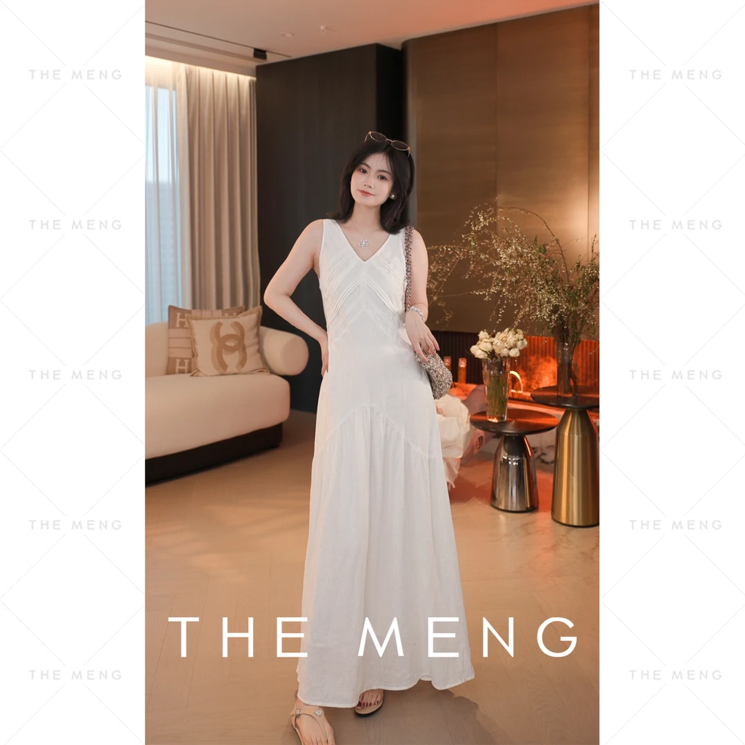 THE MENG【少女】精纺亚麻修身显瘦V领无袖连衣裙#M252G0196