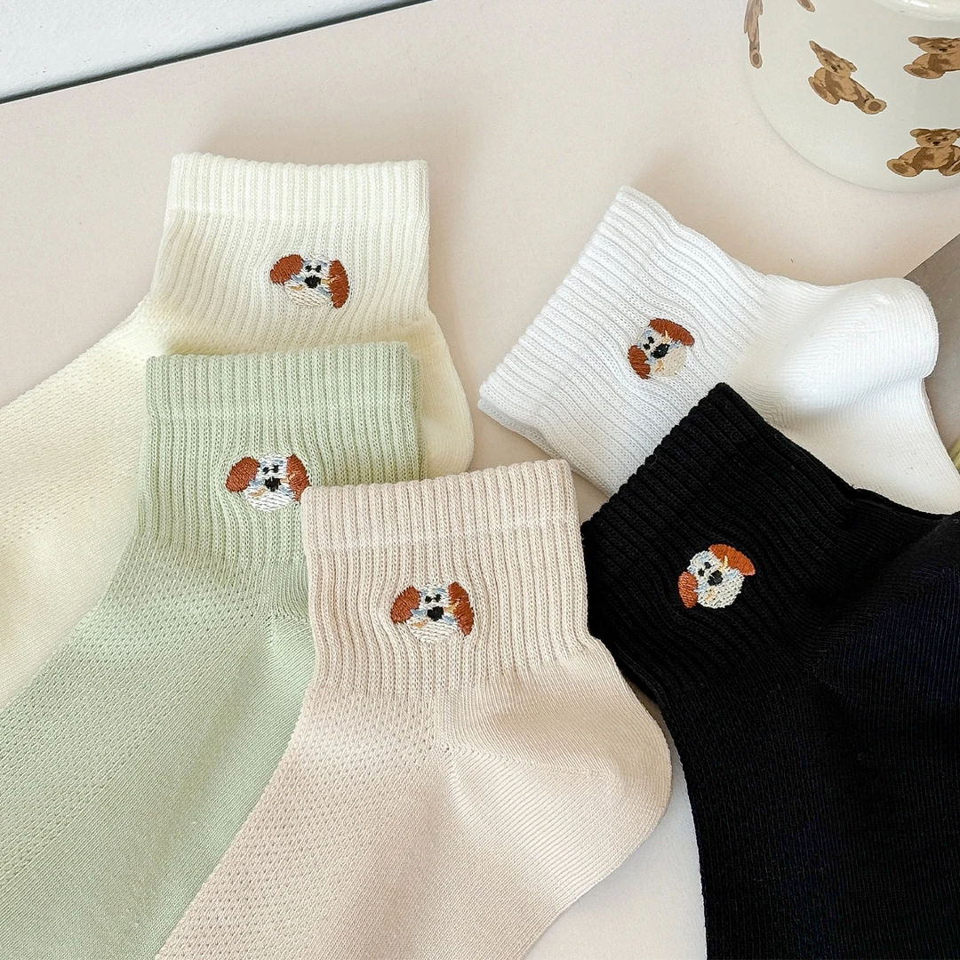 杭臻小狗刺绣袜子女夏季薄款棉袜网眼透气短筒袜卡通运动短袜夏天