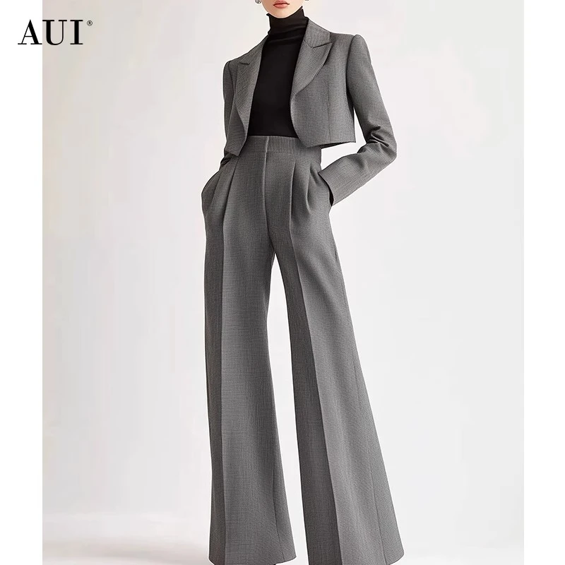 aui时尚灰色西装职业秋季套装气质显瘦阔腿裤两件套24W045565