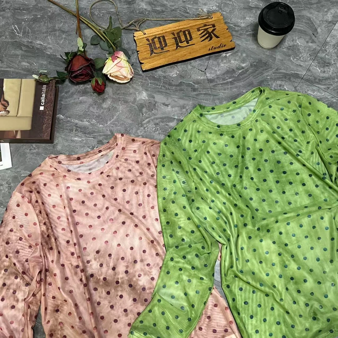 【乔家】Y1215新款时尚波点休闲网纱圆领上衣
