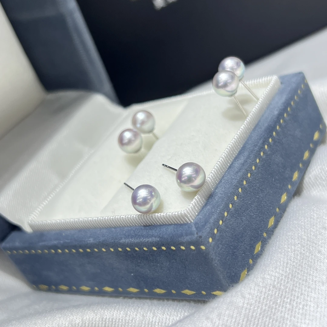 浮梦珠宝 18k海水无调色真多麻珍珠6-7mm微瑕极光正圆度耳钉高级