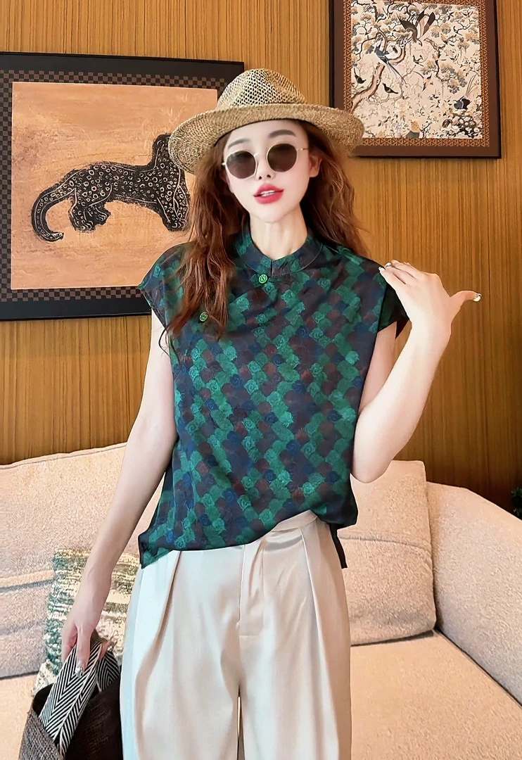 c3318 CC推荐 复古国风格纹无袖衬衫