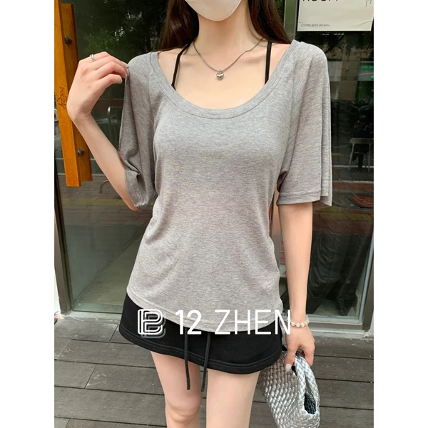 2025夏季韩系气质宽松百搭休闲大U领短袖T恤女设计感显瘦上衣女