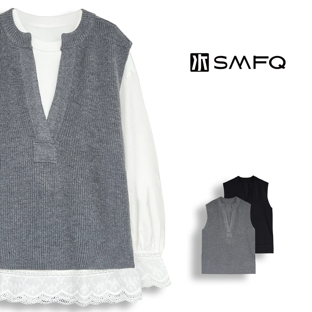 水木夫妻"叠搭艺术家"32支精纺羊毛V领针织马甲上衣