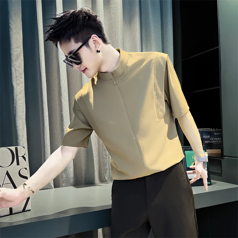 新中式立领拉链短袖衬衫男款夏季2025新款设计感潮牌时尚半袖衬衣