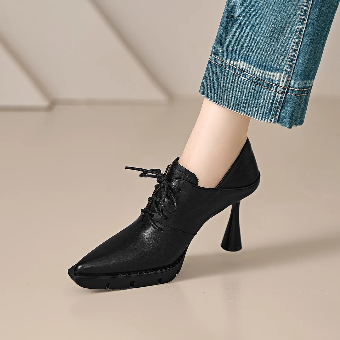 高级感系带女士皮鞋2025新款尖头防水台高跟鞋女细跟真皮深口单鞋