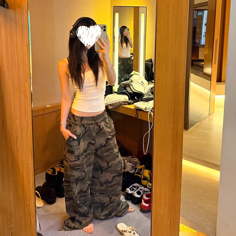 番茄妹妹Tomatosister阔腿迷彩裤美式复古显瘦薄款直筒宽松休闲裤