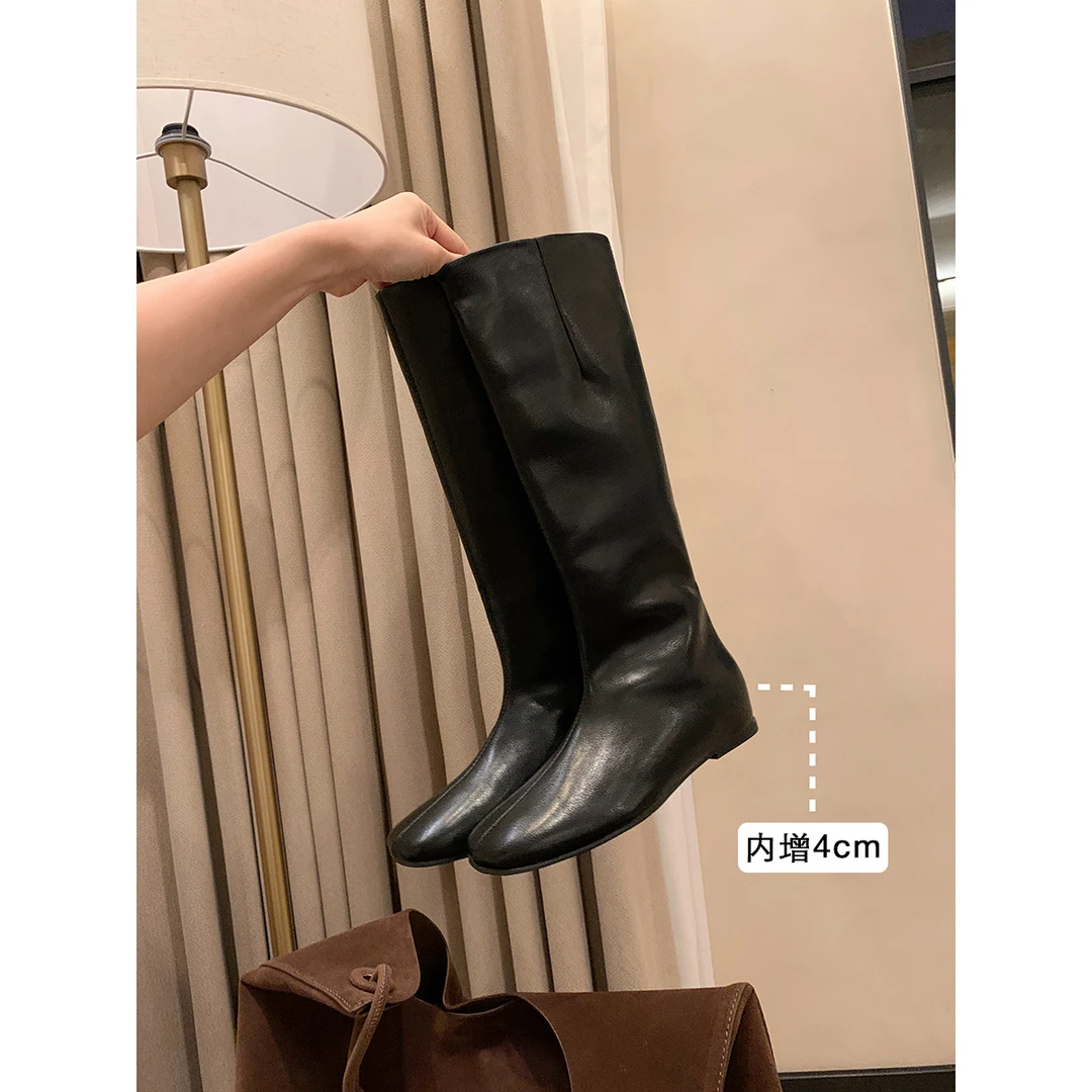 牛皮版~方头内增高直筒骑士靴不过膝高筒长靴西部牛仔靴2025秋冬
