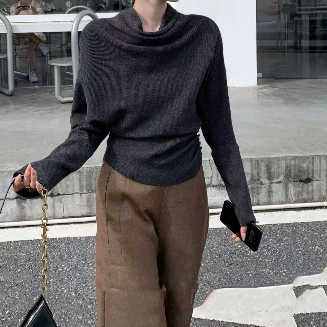 老钱风高领褶皱堆叠感毛衣女秋冬软糯纽扣掐腰针织衫别致漂亮上衣