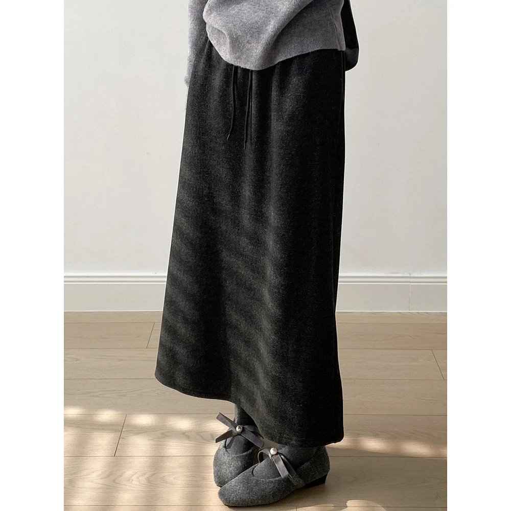 言双松紧高腰加绒半身裙女冬季直筒休闲a字后开叉针织长裙G8610