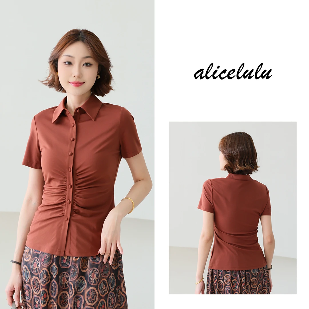 5[alicelulu]褶皱设计感衬衫Polo领收腰时尚纯色短袖S2142429E