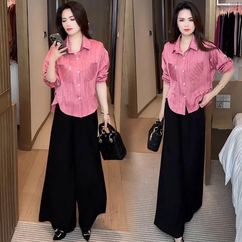 【有间】休闲套装女2025春秋新款设计感长袖衬衫显瘦阔腿裤两件套