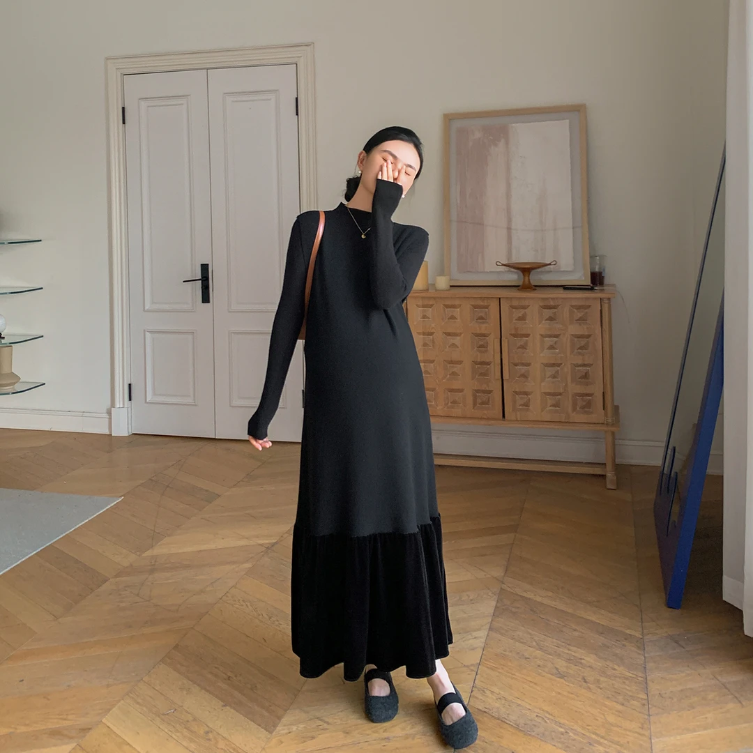 ZMA孕妇装【丝绒拼接背心裙套装】连衣裙2025秋冬新款V领冬装长裙