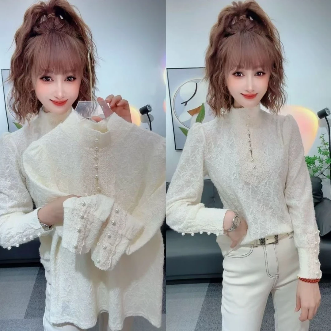 新款蕾丝立领长袖秋冬加绒显瘦遮肉女打底衬衫