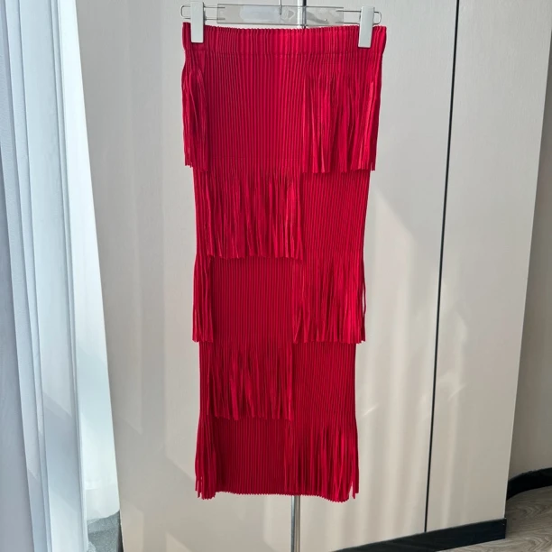 高腰波浪剪裁拼色褶皱流苏半身裙女通勤弹力褶皱中长款百褶裙蓝色