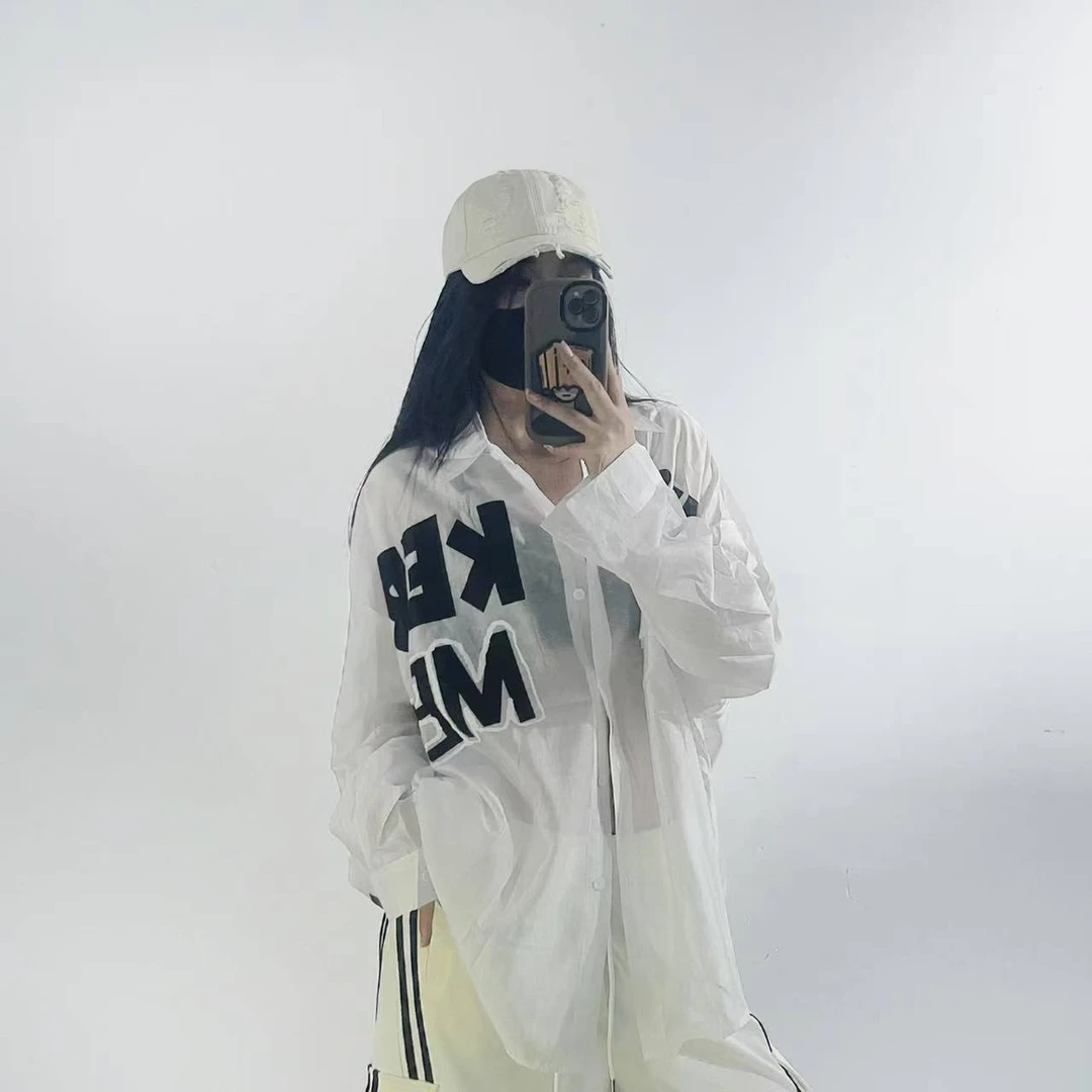中长款微透防晒衬衫长袖t男女款欧货夏季单排扣字母衬衣罩衫薄款