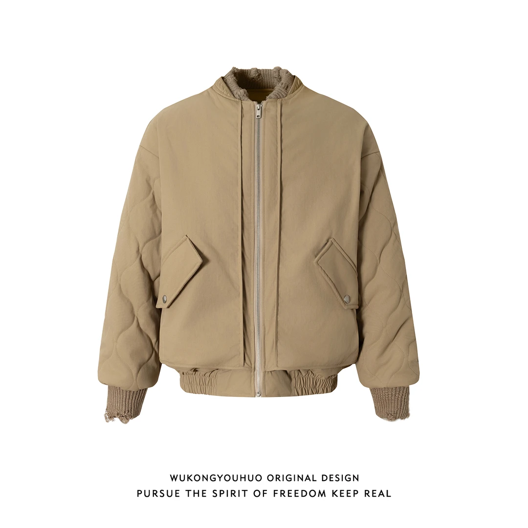 悟空有货美式针织拼接设计感加厚棉衣男冬季潮牌情侣保暖百搭棉服