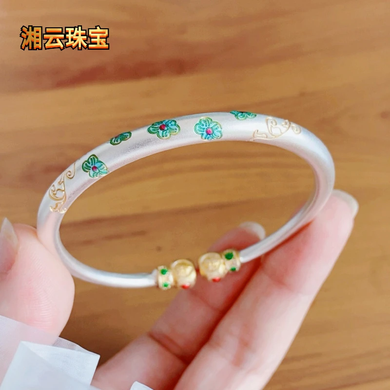 足银手镯 珐琅彩描金葫芦手镯女款国风实心开口可调节约35.5克