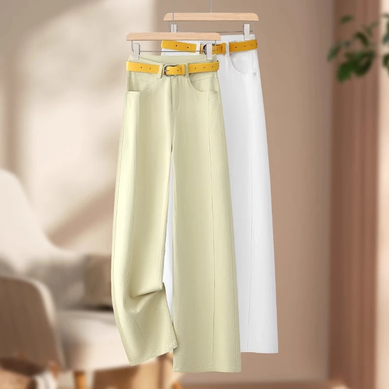 黄色高腰阔腿天丝牛仔裤女2025春夏新款宽松显瘦拖地裤子直筒长裤