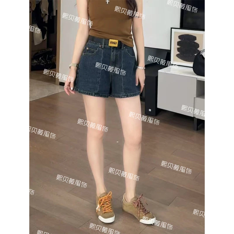 熙贝薇2 欧货复古牛仔阔腿休闲短裤a字高腰显瘦热裤带腰带 G5080
