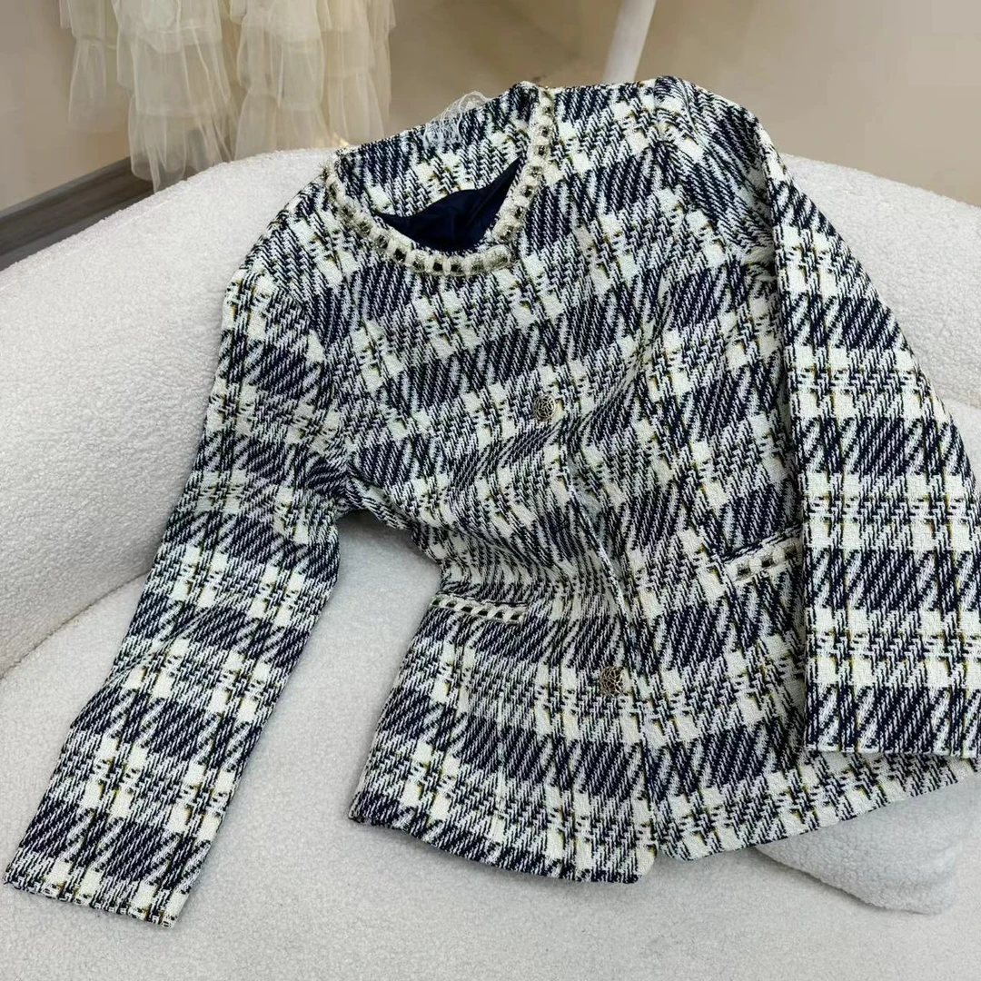 格纹金边女款小香风无领外套-1327