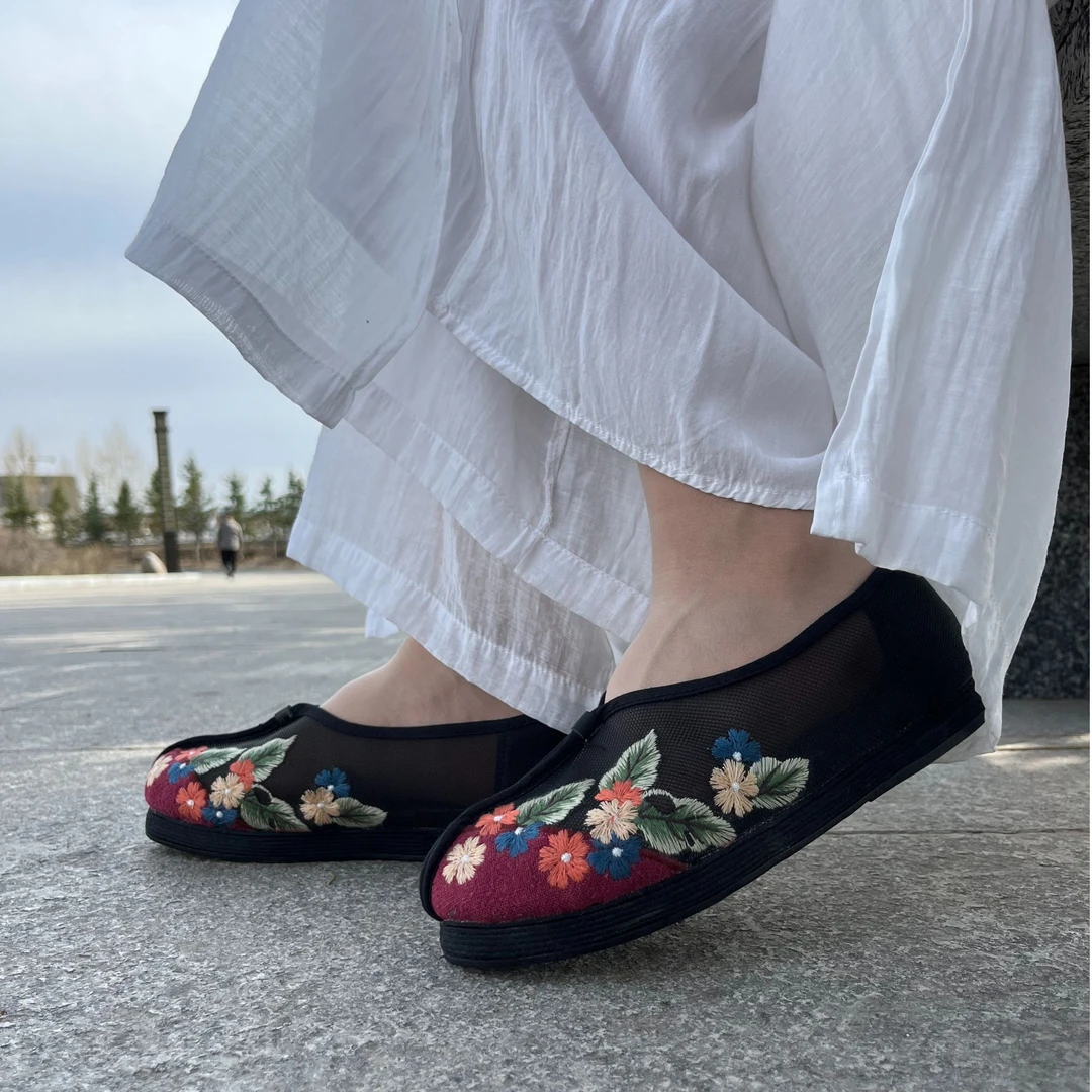 九天莲池国潮春夏透气网纱平底千层布底绣花单鞋布鞋