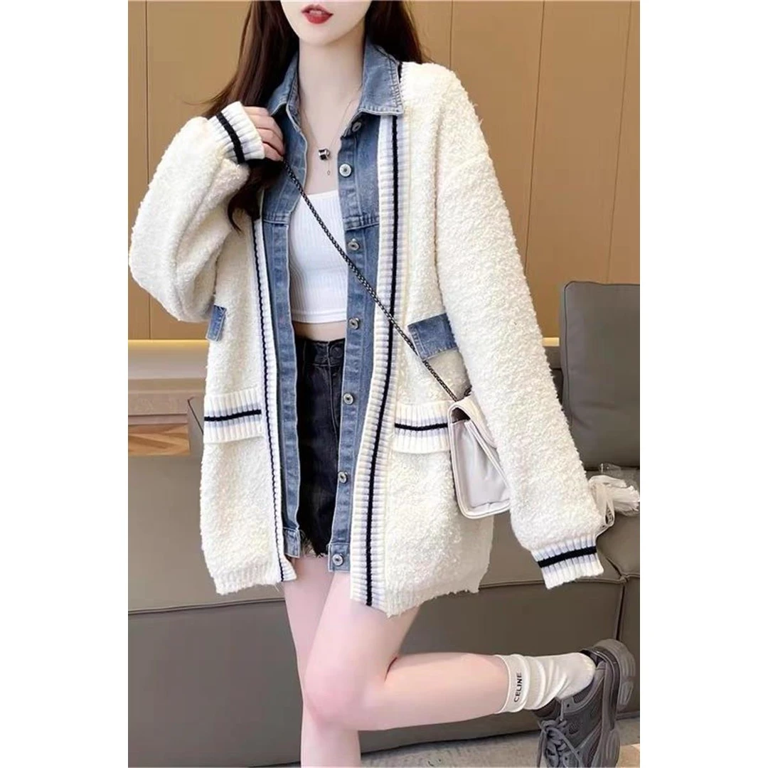 大码女装设计感牛仔拼接毛衣开衫女新款秋季休闲宽松百搭针织外套