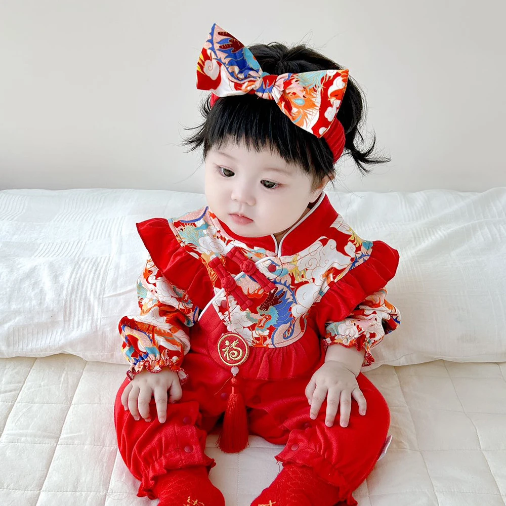 婴儿红色纯棉连体衣春季中国风周岁礼服喜庆爬服女宝春秋中式哈衣