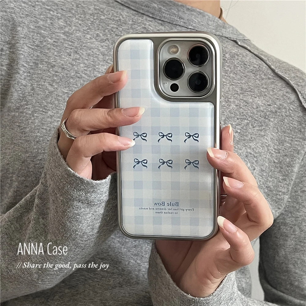韩风奶蓝格子蝴蝶结适用苹果16promax手机壳iphone14电镀15pro