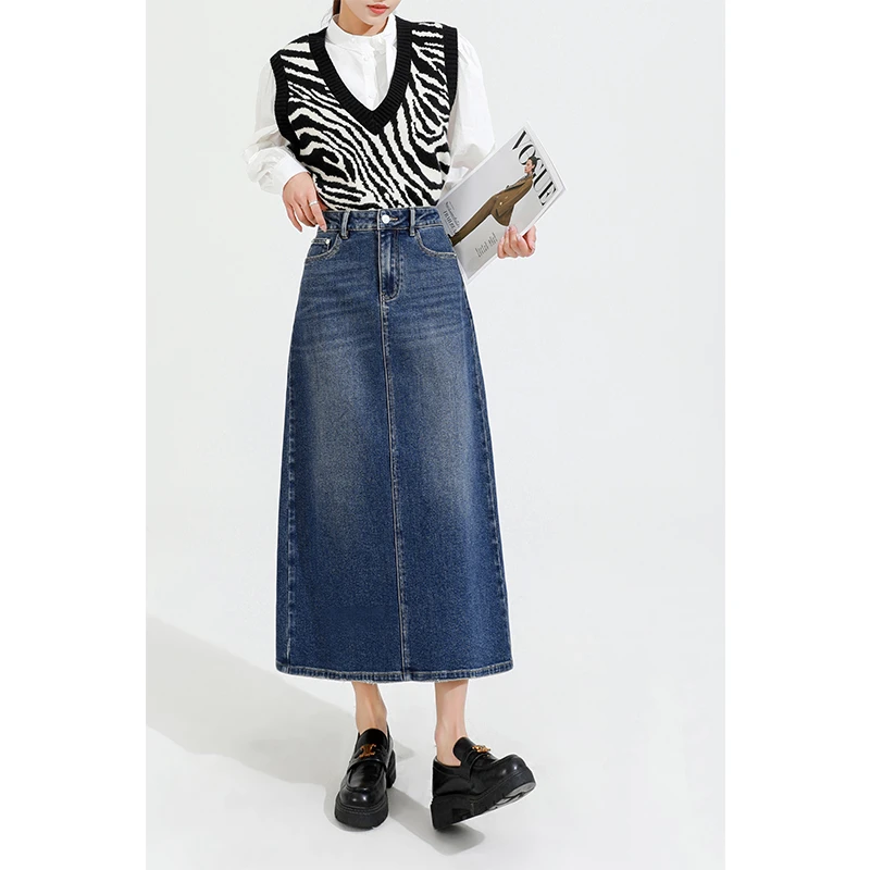 半身秋季新款复古弹力高腰百搭开叉中长款显瘦半身牛仔裙半身裙
