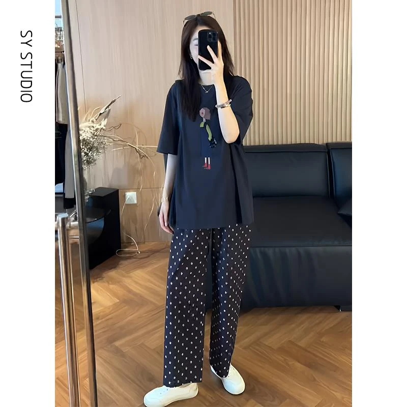 VOCKOO官方韩系夏日穿搭一整套复古卡通女孩印花短袖T恤女波点休