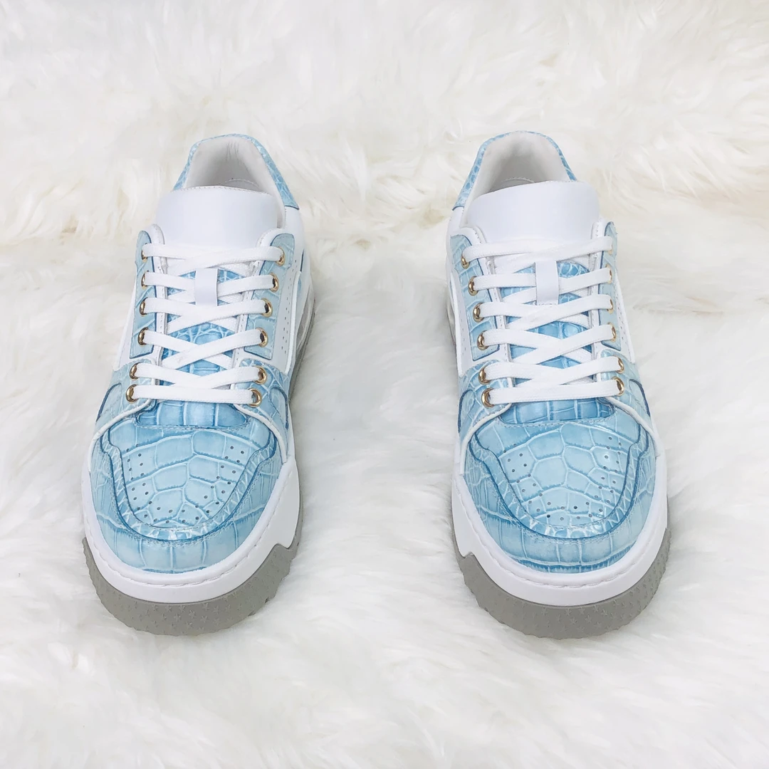 系带休闲鞋鳄鱼纹手工擦色手工制作鞋