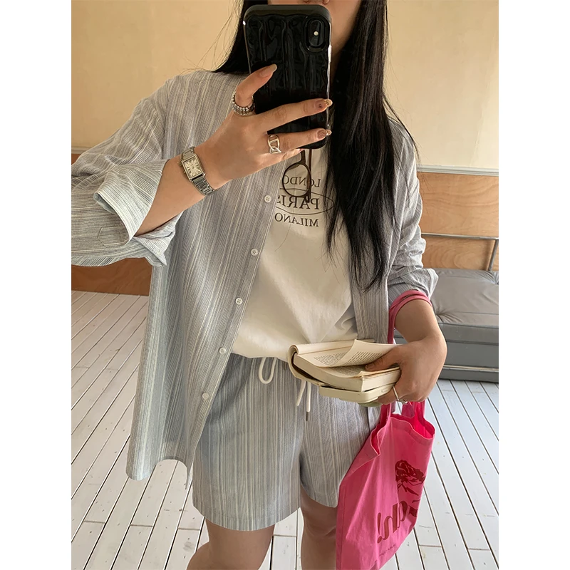 QC李潇洒 微胖大码韩系休闲翻领条纹衬衫套装夏显瘦A字短裤两件套