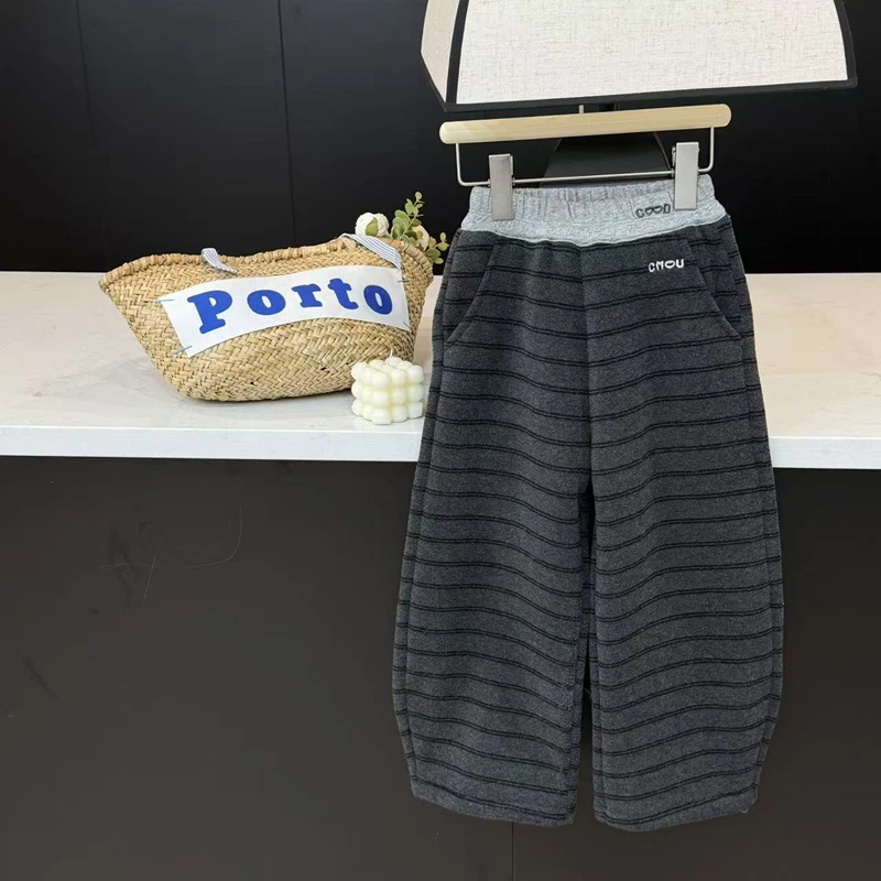 【现货】leomama儿童加绒裤子25秋冬女童洋气一体绒长裤条纹休闲裤