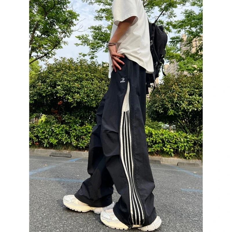 裤子男2025夏季新款美式高街潮牌薄款速干三条杠宽松直筒休闲长裤