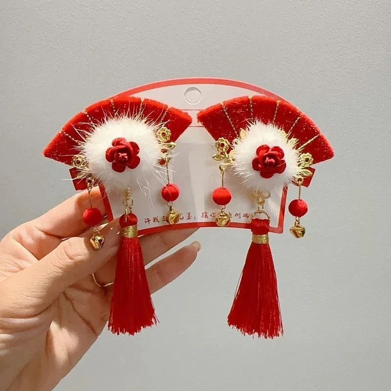 拜年发饰小女孩中国风发卡儿童新年扇子古风发夹汉服头饰对夹4320