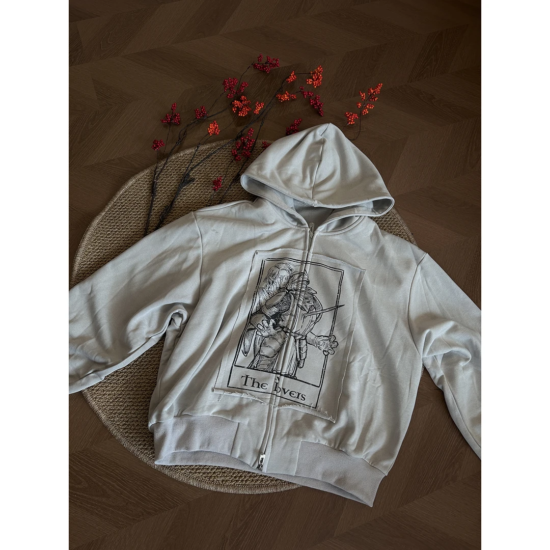 SKBD“心生漫序”复古短款印花连帽卫衣双拉链外套