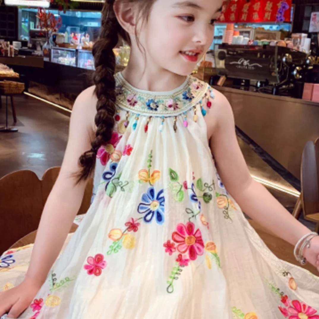 女童连衣裙夏装2025新款洋气儿童公主裙背心裙女孩度假挂脖吊带裙
