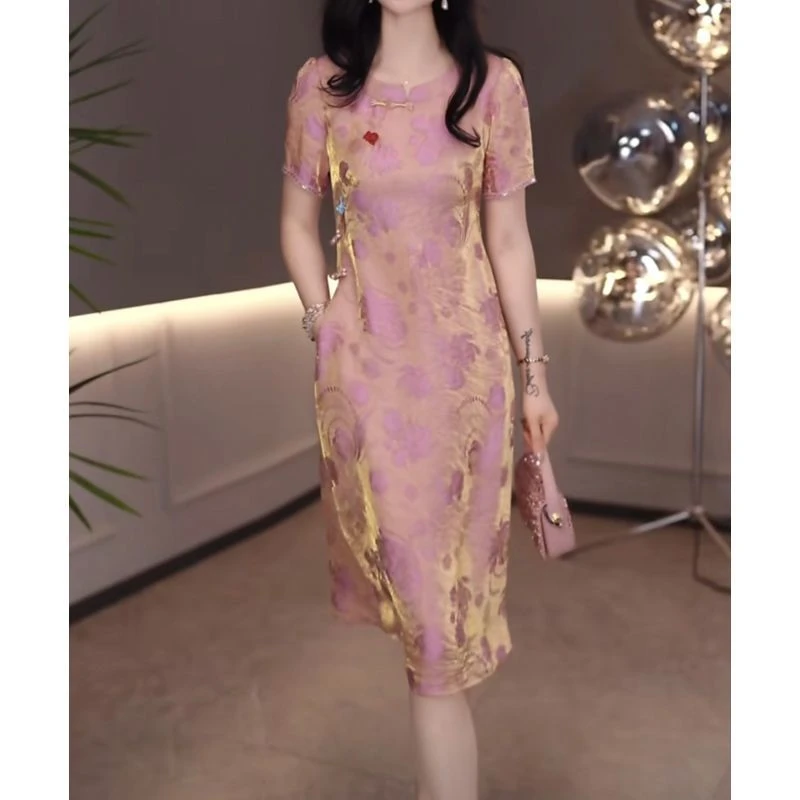 洋气减龄花萝缎时尚收腰显瘦裙子2025显瘦短袖连衣裙夏季新款遮肉