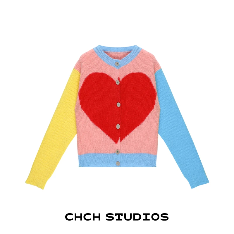 RAKS113840时尚爱心提花毛针织开衫2025年冬季拼色长袖毛衣外套女