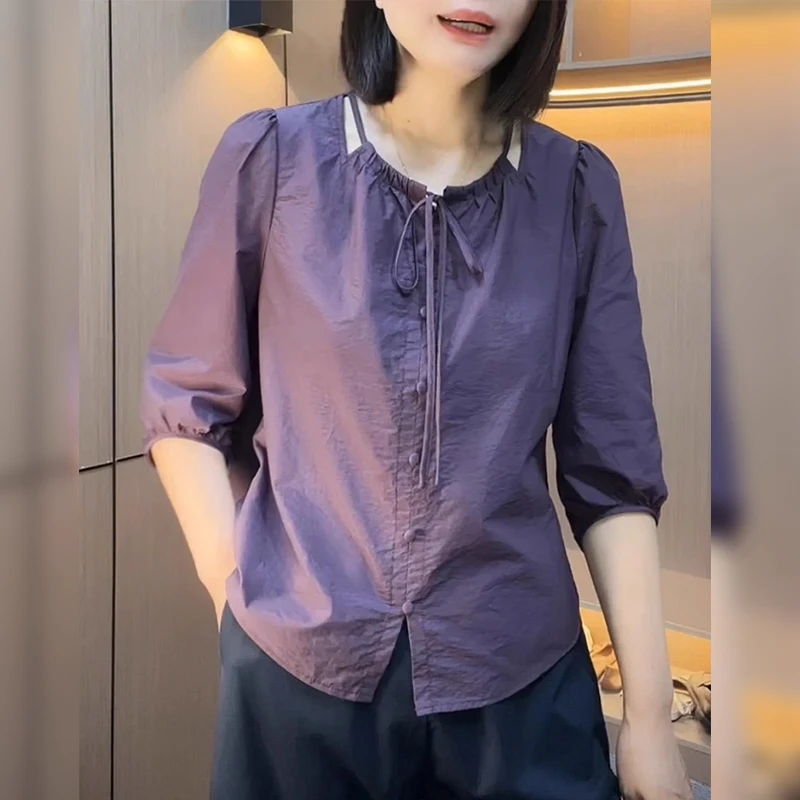 夏天巨好看显瘦微胖mm镂空系带七分袖衬衫女夏季大码正肩宽松上衣