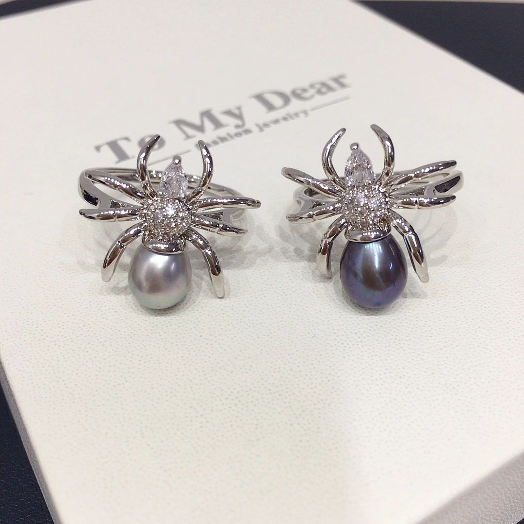 精工款极光天然淡水珍珠戒指复古朋克昆虫蜘蛛夸张个性戒指手饰