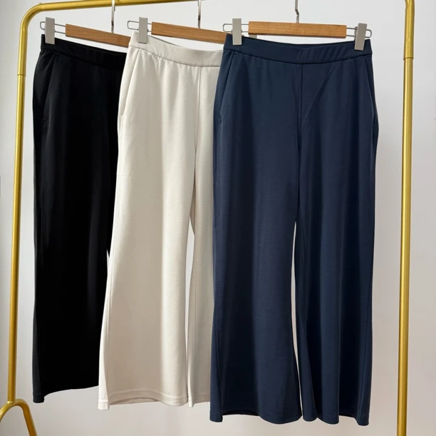 言真家夏季新款softstreme珠地八分显瘦百搭微喇叭休闲裤