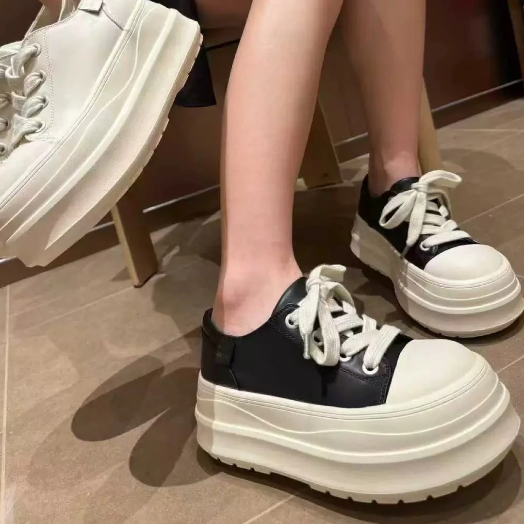 真皮休闲大头丑萌面包牛皮增高小个子黑白小白鞋松糕厚底板鞋C46