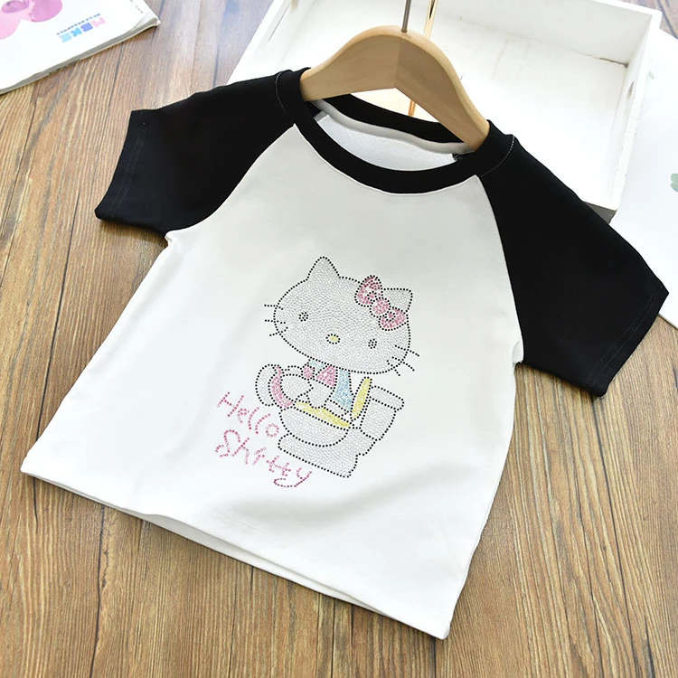 【烫钻猫咪正肩T恤】女童洋气时髦立体烫钻短袖 卡通可爱百搭上衣夏
