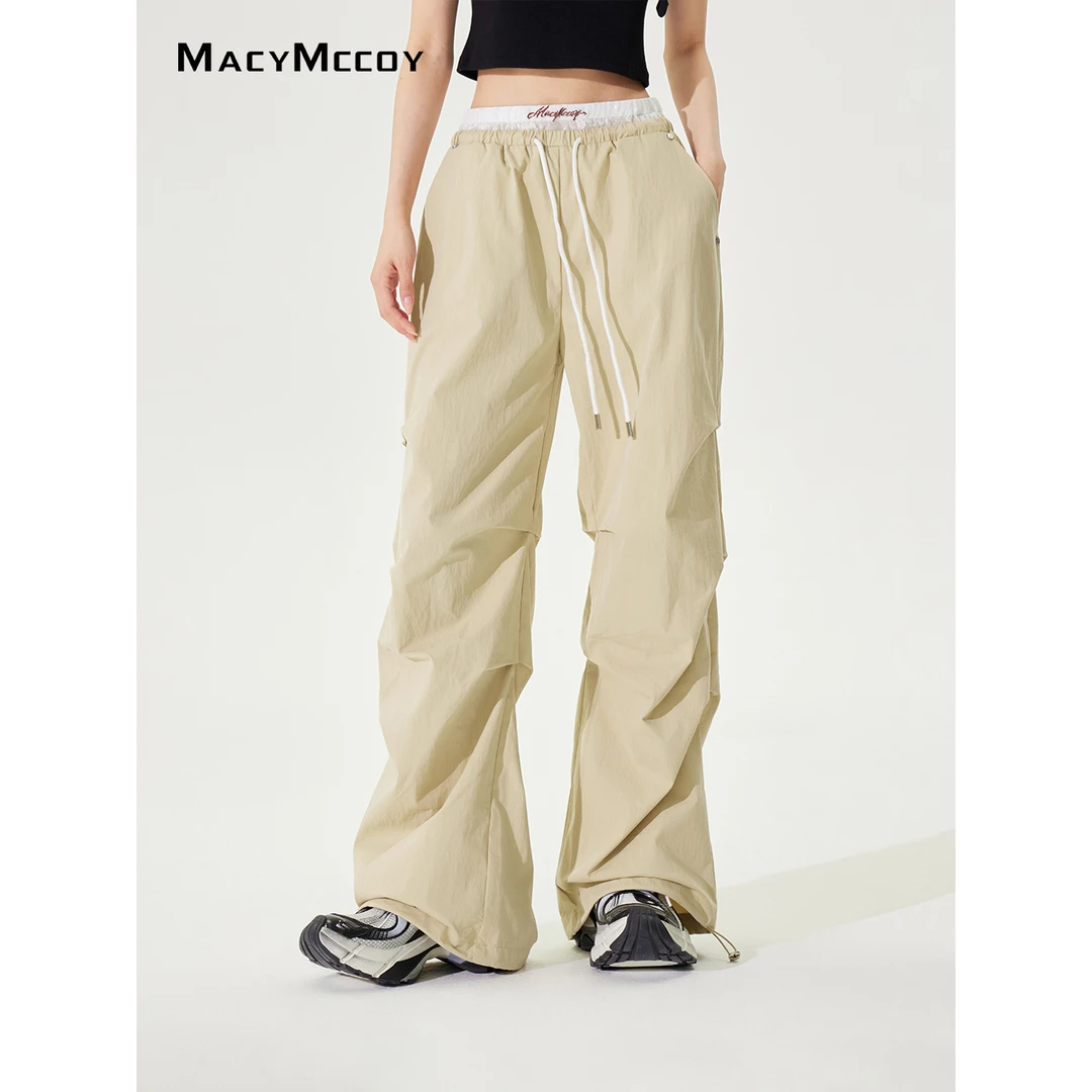 【熊小姐专享】MacyMccoy蕾丝拼接褶皱阔腿裤女感百搭显瘦速干长裤