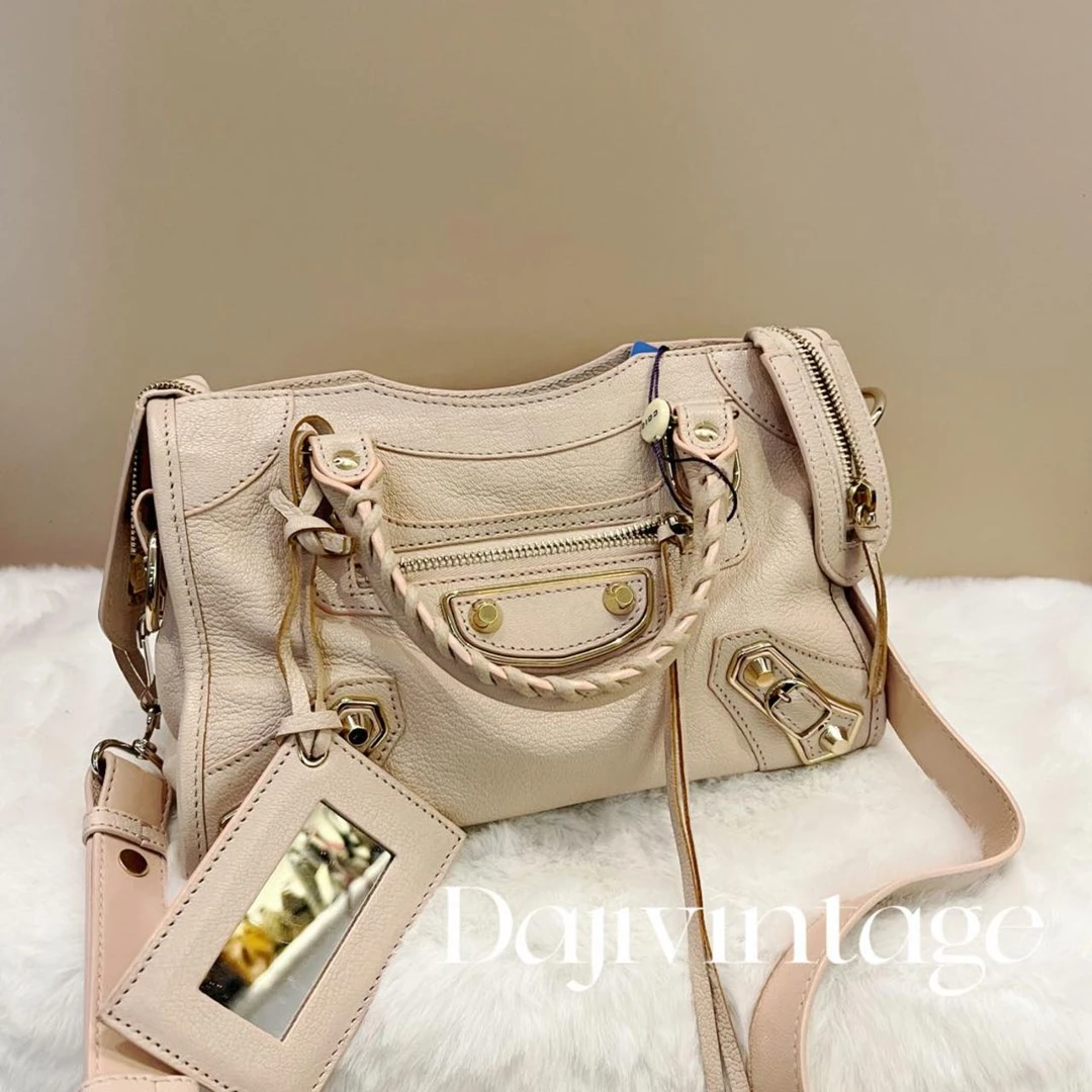 95新 Balenciaga/巴黎世家 大吉中古/杏粉色机车手提斜挎包